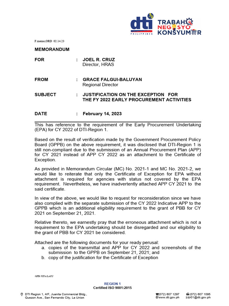 Memo Justification rEPBB PDF Business