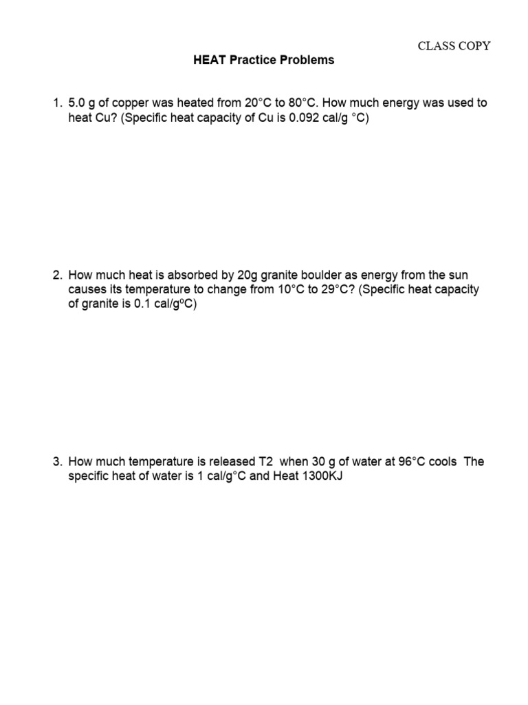 Heat Practice Problems PDF Calorie Heat