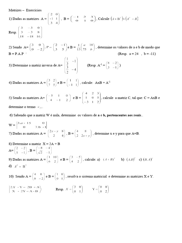 Lista de exercicios de matrizes 2011 pdf