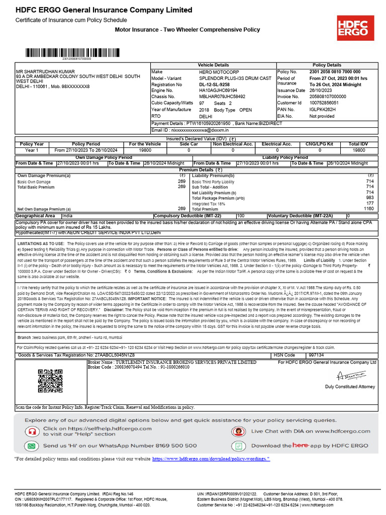 Two Wheeler Comprehensive Insurance Meaning In Hindi