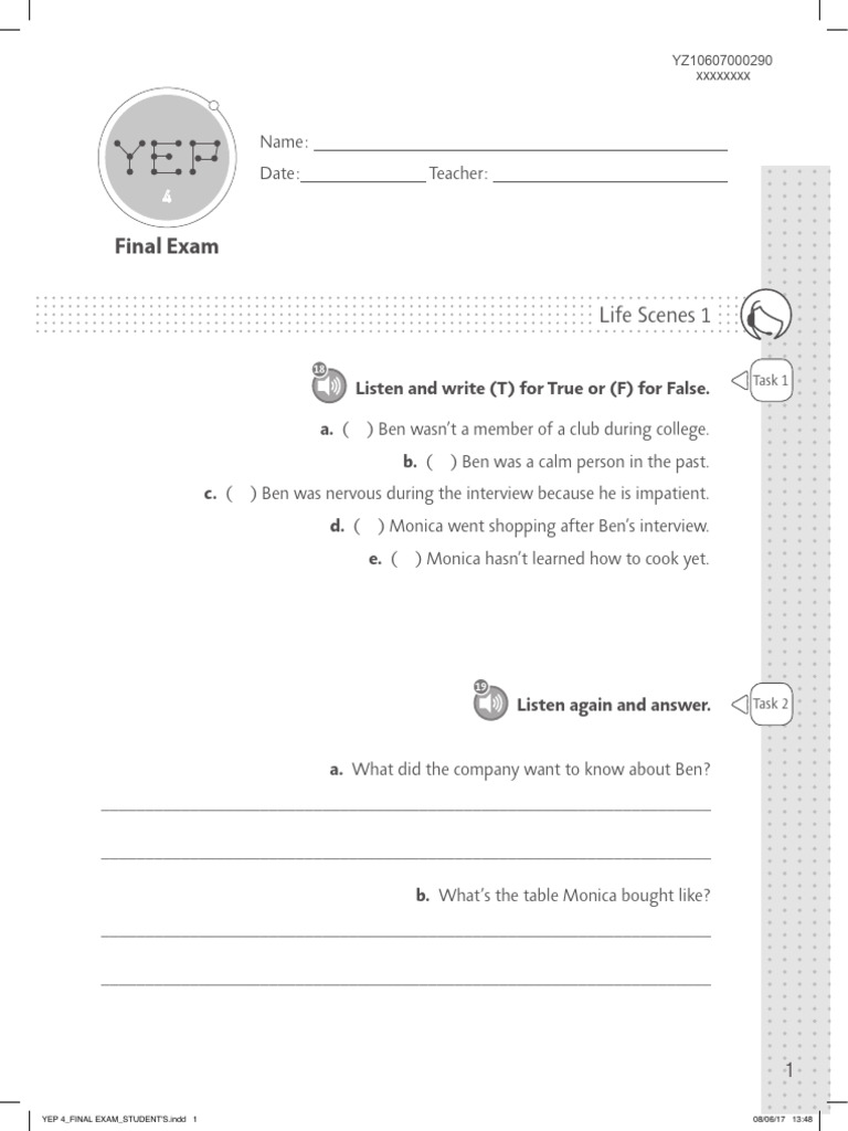 YEP 4 Final Exam: Life Scenes & Tasks | PDF | Internet