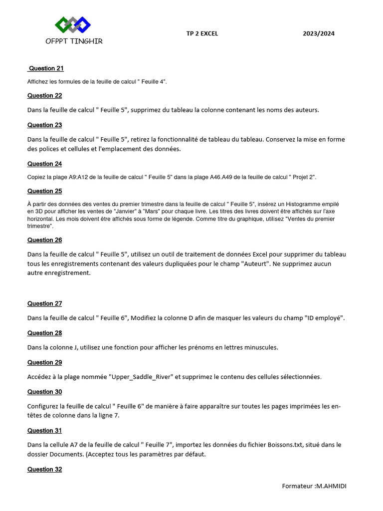 TP Excel 2023/2024 : Exercices Pratiques | PDF | Feuille de calcul ...