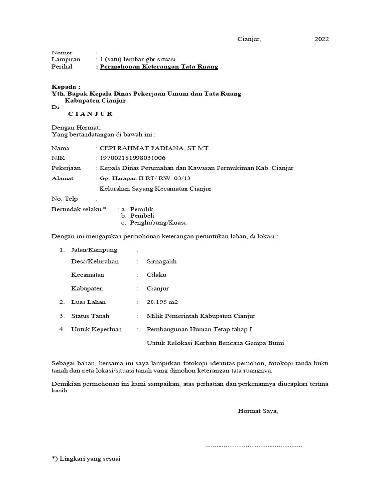 Surat Format Permohonan Keterangan Peruntukan Tata Ruang Pu 2 Pdf
