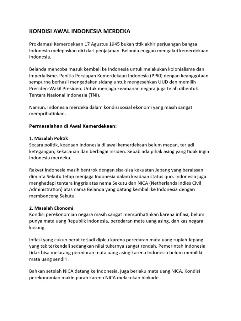 Kondisi Awal Indonesia Merdeka Dan Kedatangan Sekutu Belanda Tugas