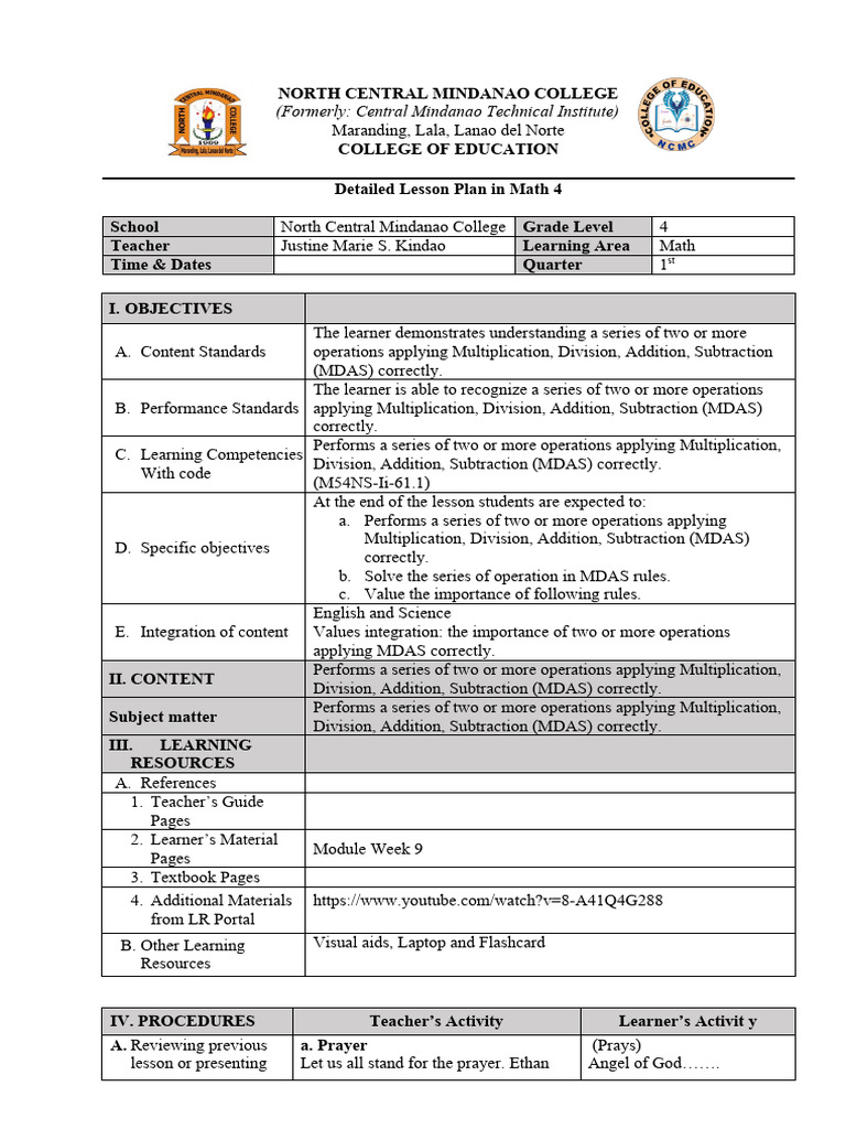 Lesson Plan Grade 4 Math PDF Teachers Learning