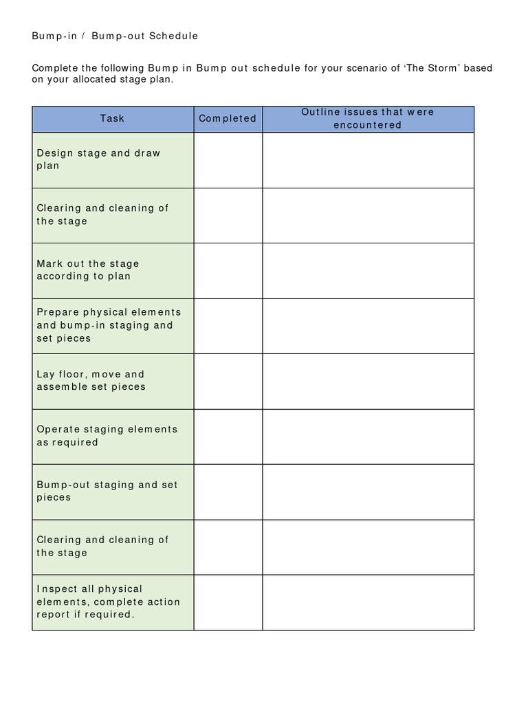 Bump in Bump Out Schedule PDF