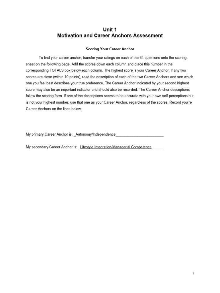 Career Anchors Assessment PDF Autonomy Leadership