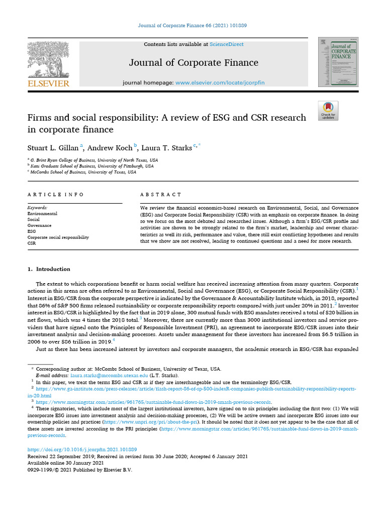 ESG and CSR in Corporate Finance Review | PDF | Corporate Social ...