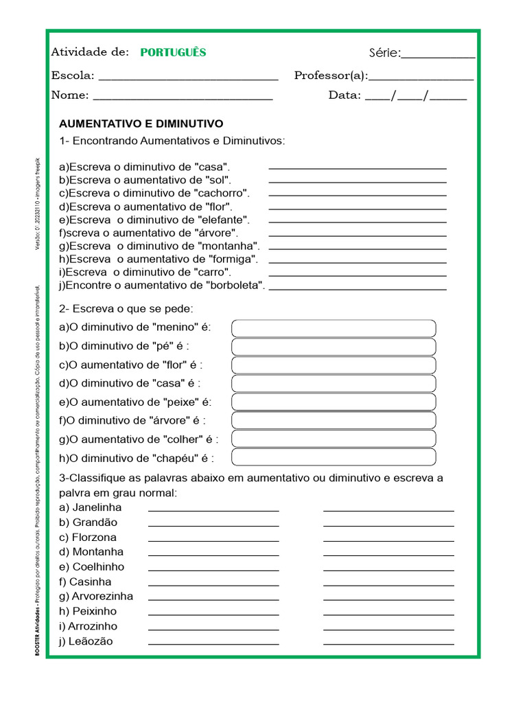 Atividades de Aumentativo e Diminutivo 2º Ano | PDF | Artes ...