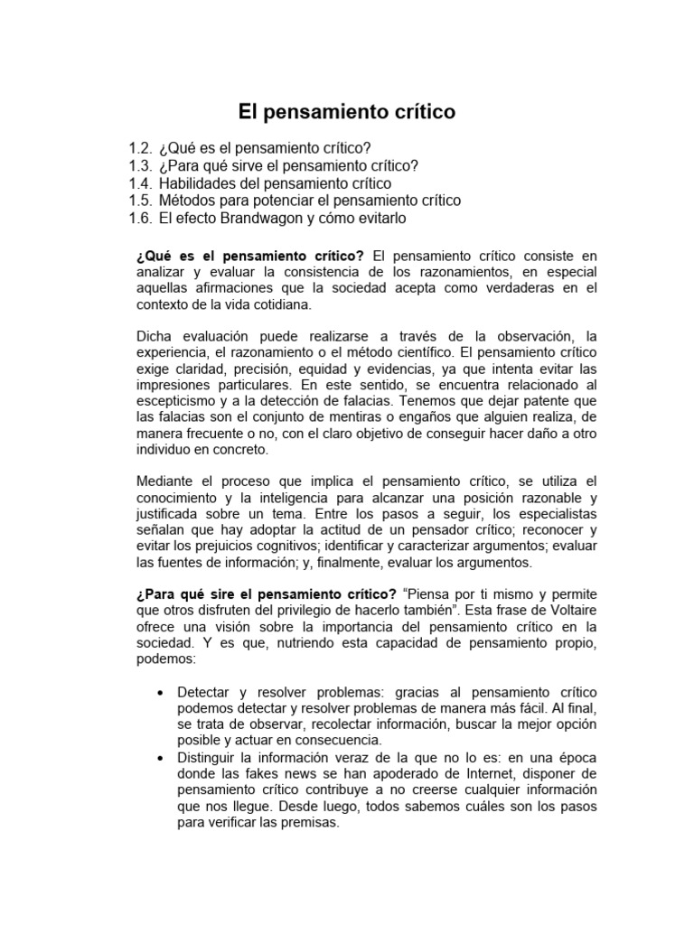 Definición y habilidades del pensamiento crítico | PDF | Pensamiento ...