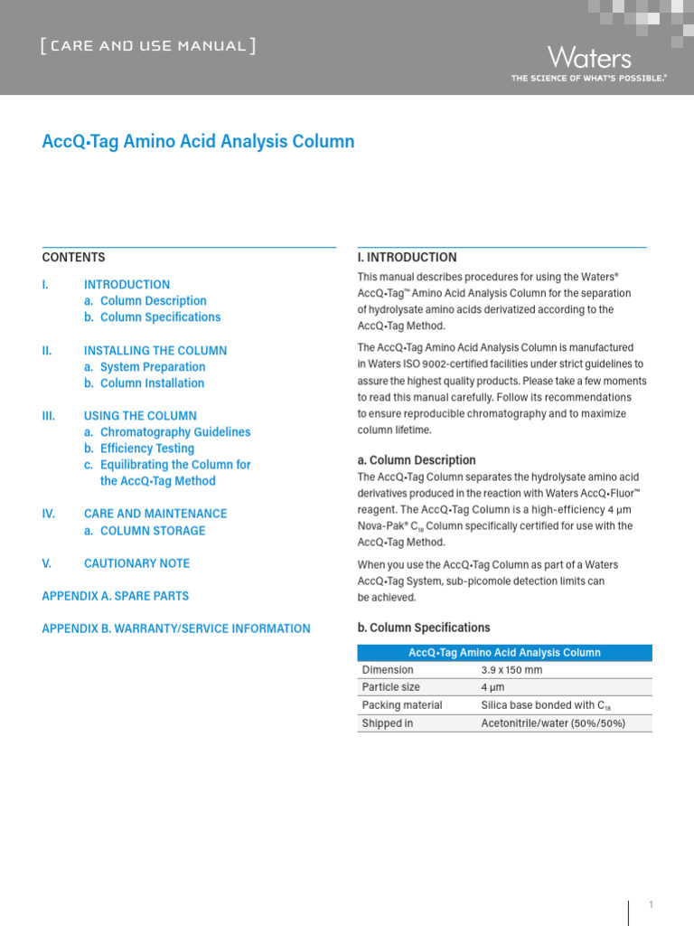 AccQ - Tag Amino Acid Analysis Column | PDF | Technology & Engineering