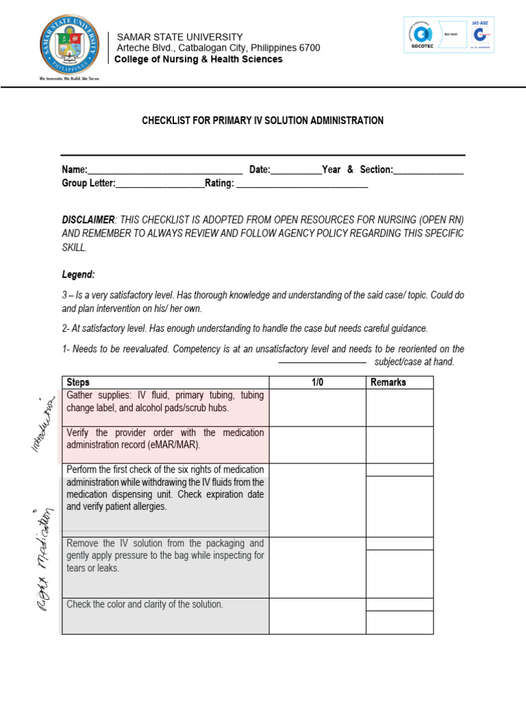 IV Solution Administration Checklist | PDF | Intravenous Therapy | Syringe
