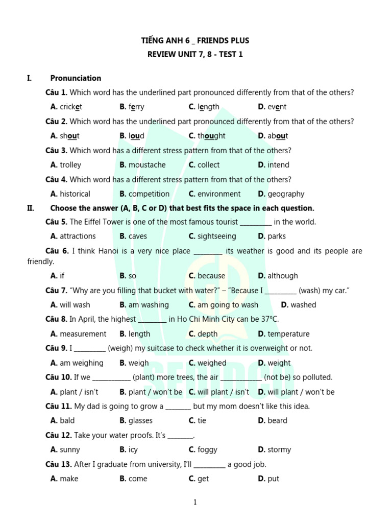 Tieng Anh 6 Friends Plus - Review Unit 7&8 - Test 1 | PDF | Travel ...