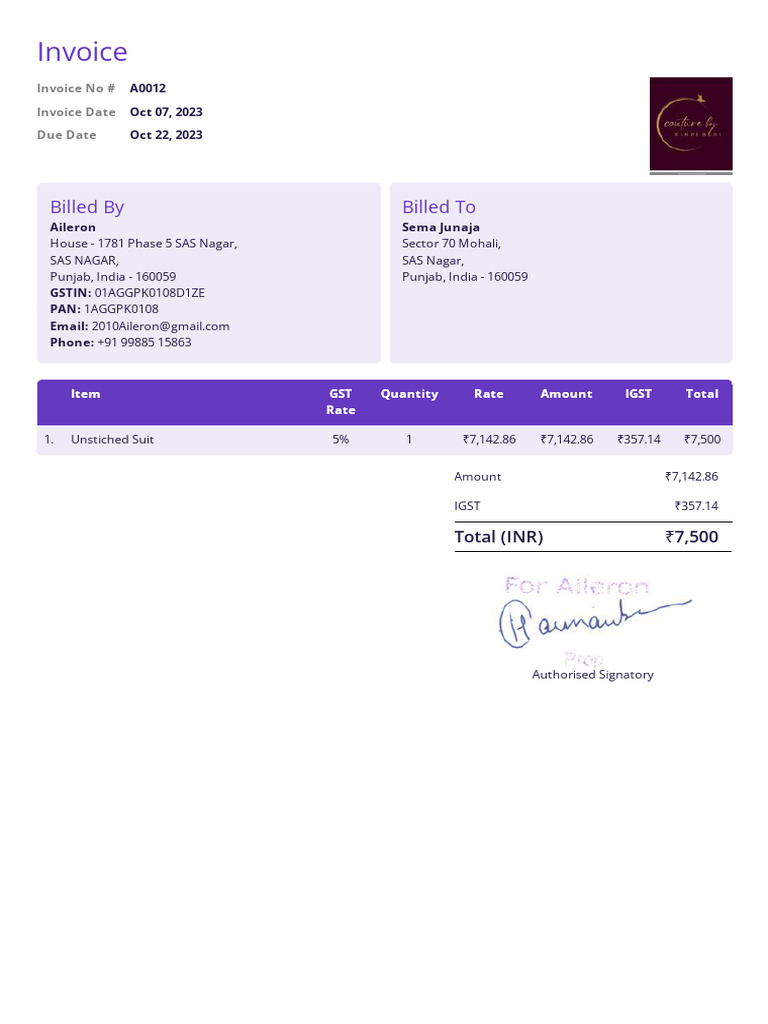 Invoice A0012 for Unstiched Suit | PDF
