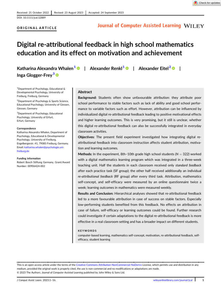 Computer Assisted Learning - 2023 - Whalen - Digital Re - E2 - 80 ...