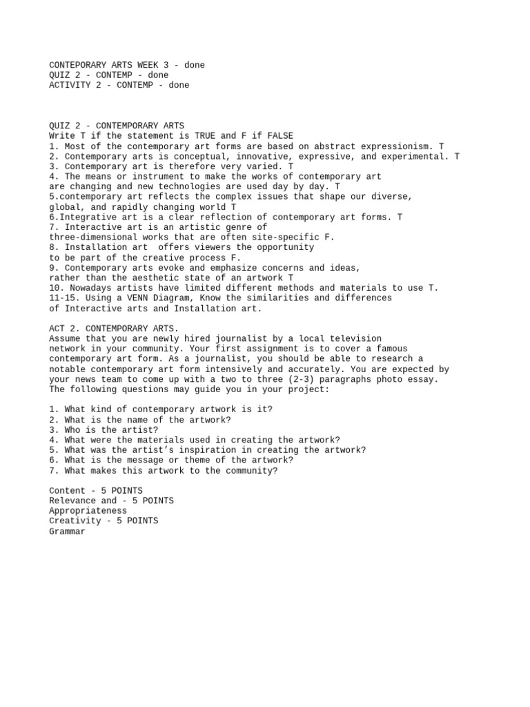 Contemporary Arts Quiz 2 Act 2 PDF