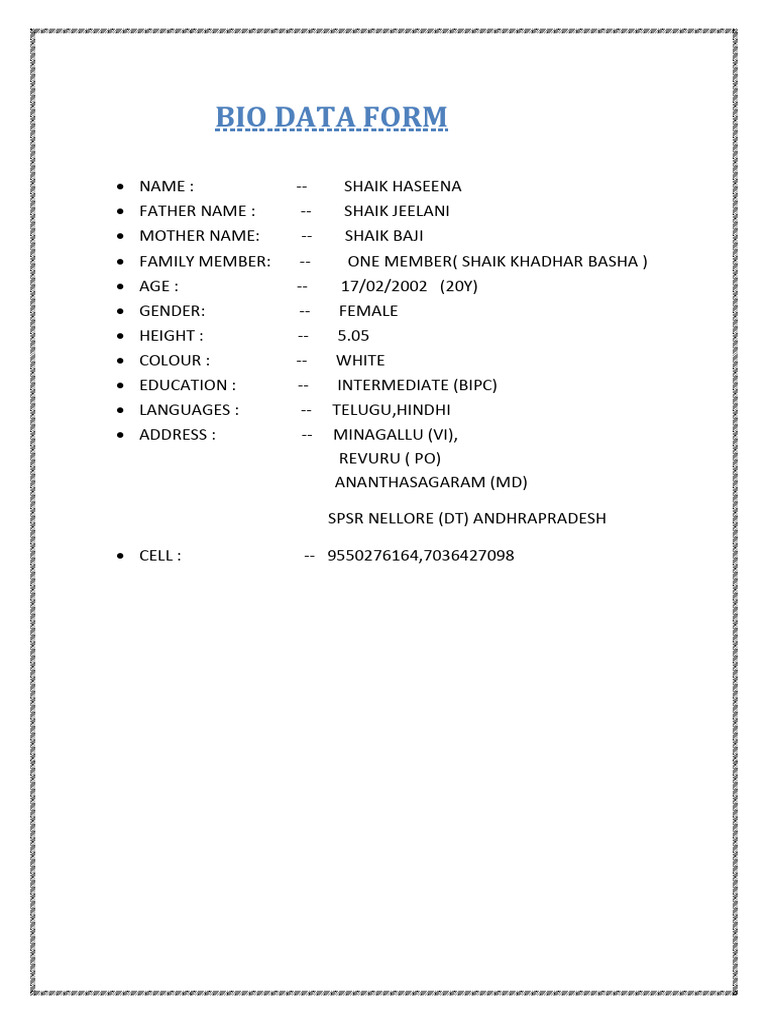 Bio Data Form | PDF
