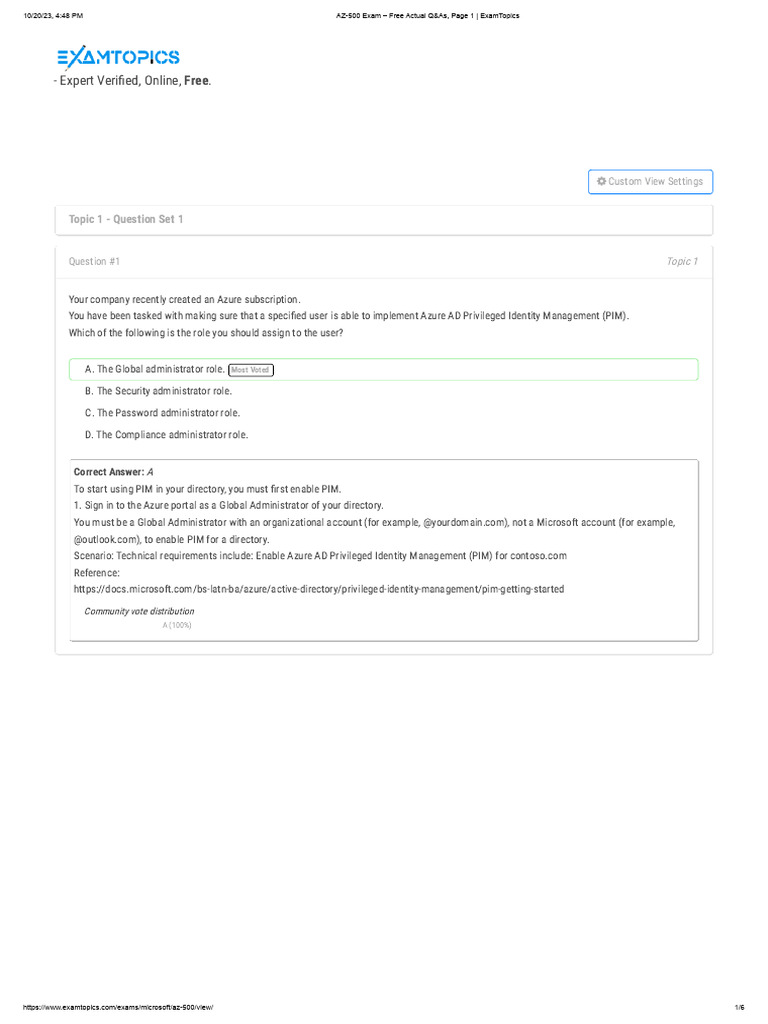 AZ-500 Exam - Free Actual Q&as, Page 1 - ExamTopics | PDF | Active ...