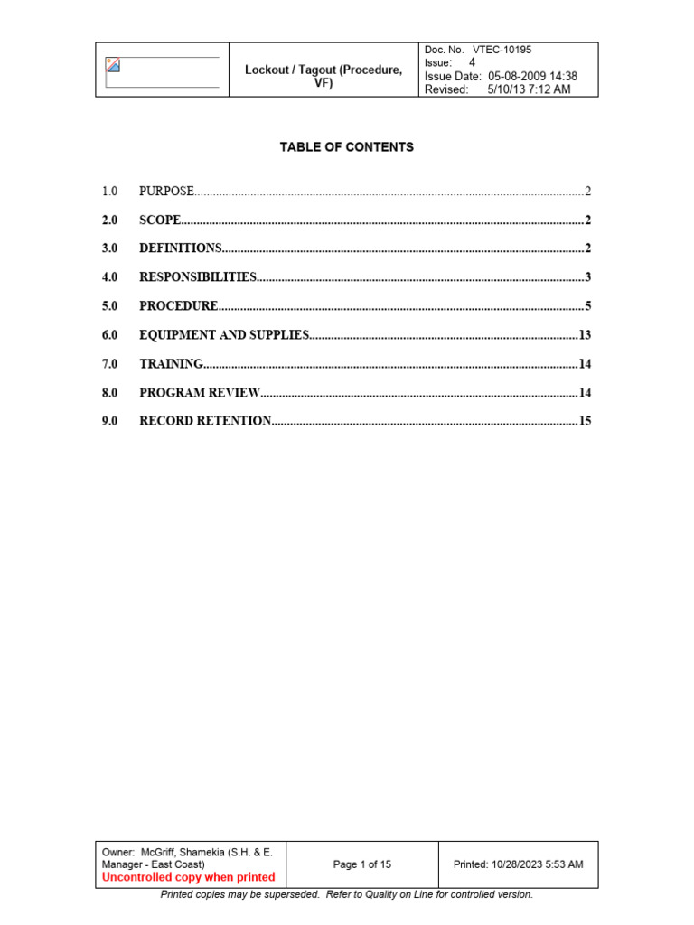 Lockout/Tagout Safety Procedure Guide | PDF