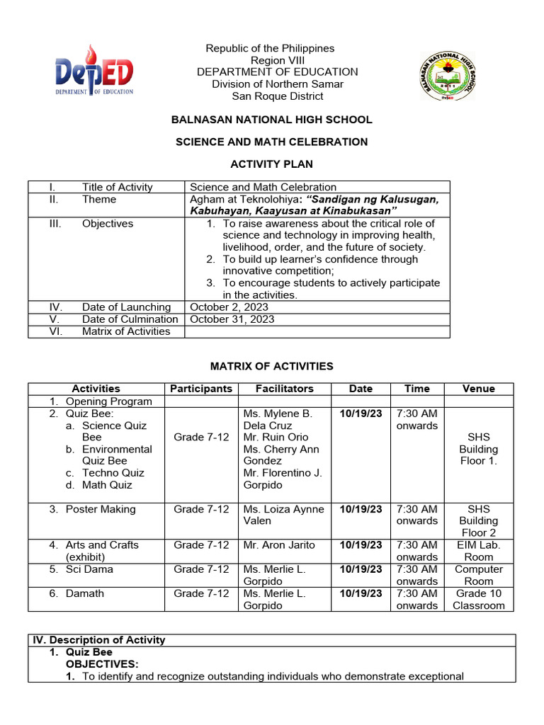 Activity Plan Science and Math Celebration | PDF | Creativity | Learning