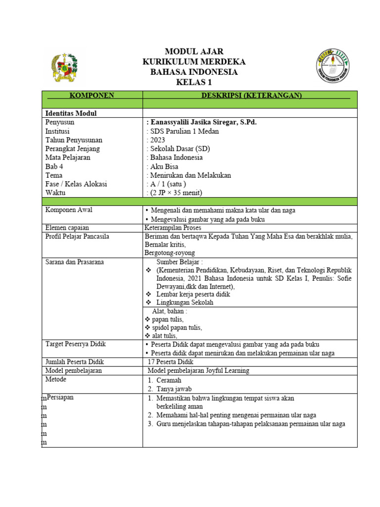 Modul Ajar Kurikulum Merdeka Bahasa Indonesia Kelas 1 | PDF