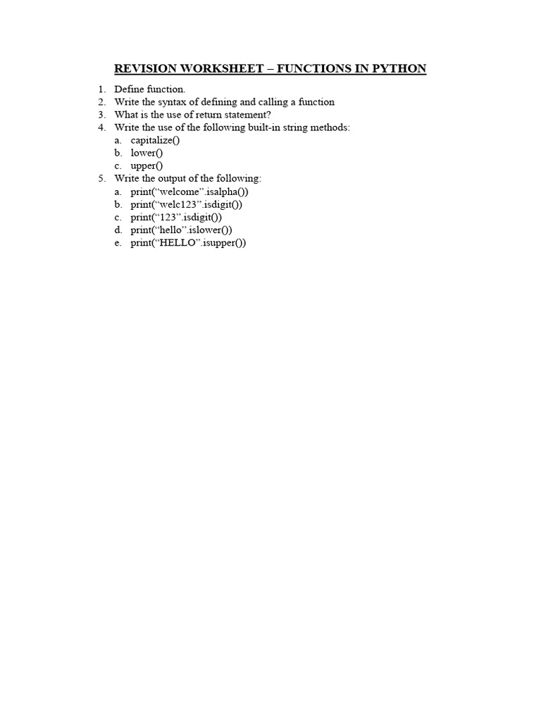 Revision Worksheet-Functions in Python | PDF