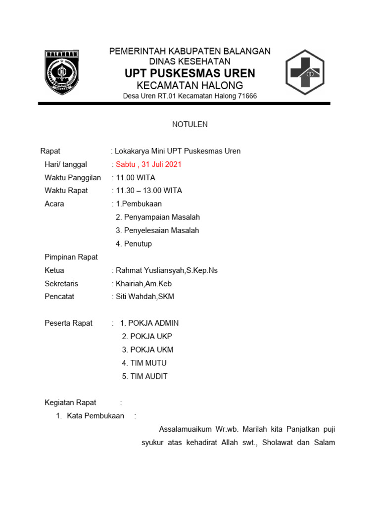 Notulen Rapat Lokakarya Puskesmas Uren | PDF