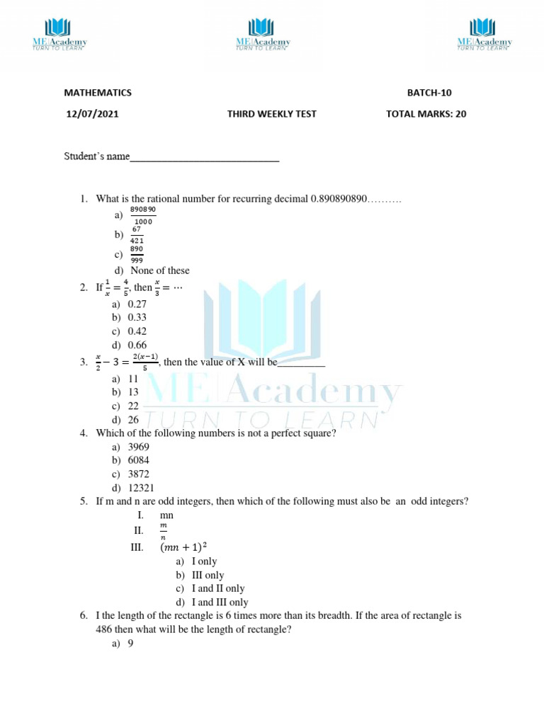 Weekly Math Test Questions and Answers | PDF