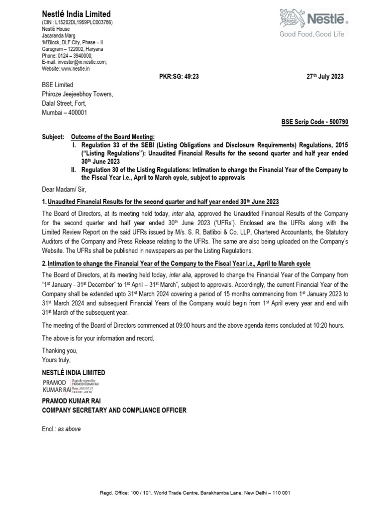 BSE Intimation 27072023 Signed-V1 | PDF | Equity (Finance) | Income