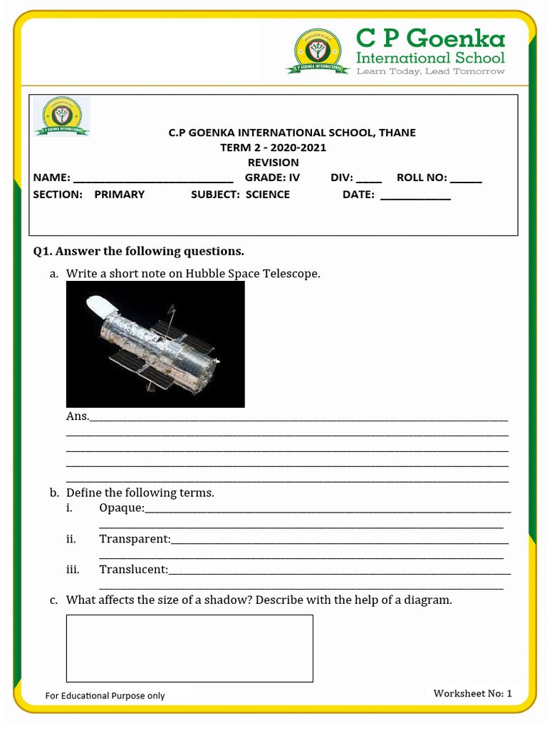 Grade IV Science Revision Worksheet | PDF | Astronomy | Physical Sciences