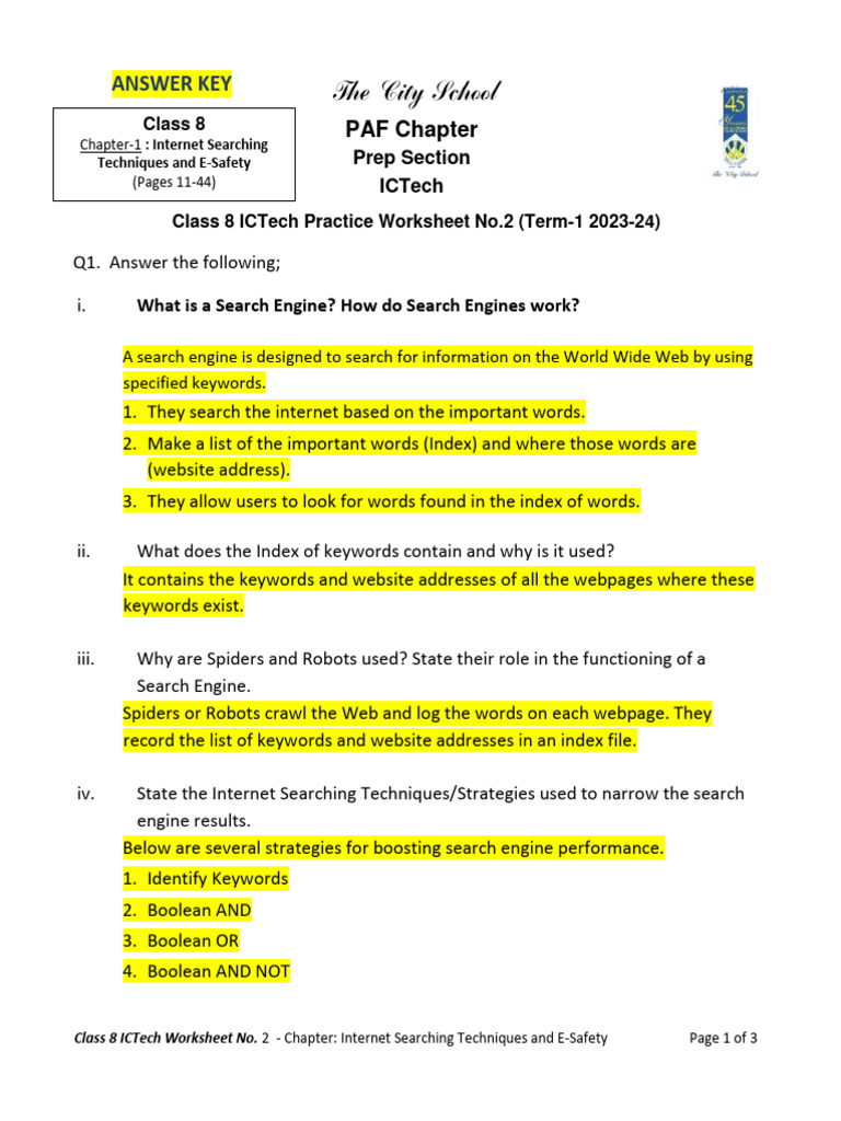 ANS KEY WSheet 2 - Chapter 1 - ICT CLASS 8 | PDF