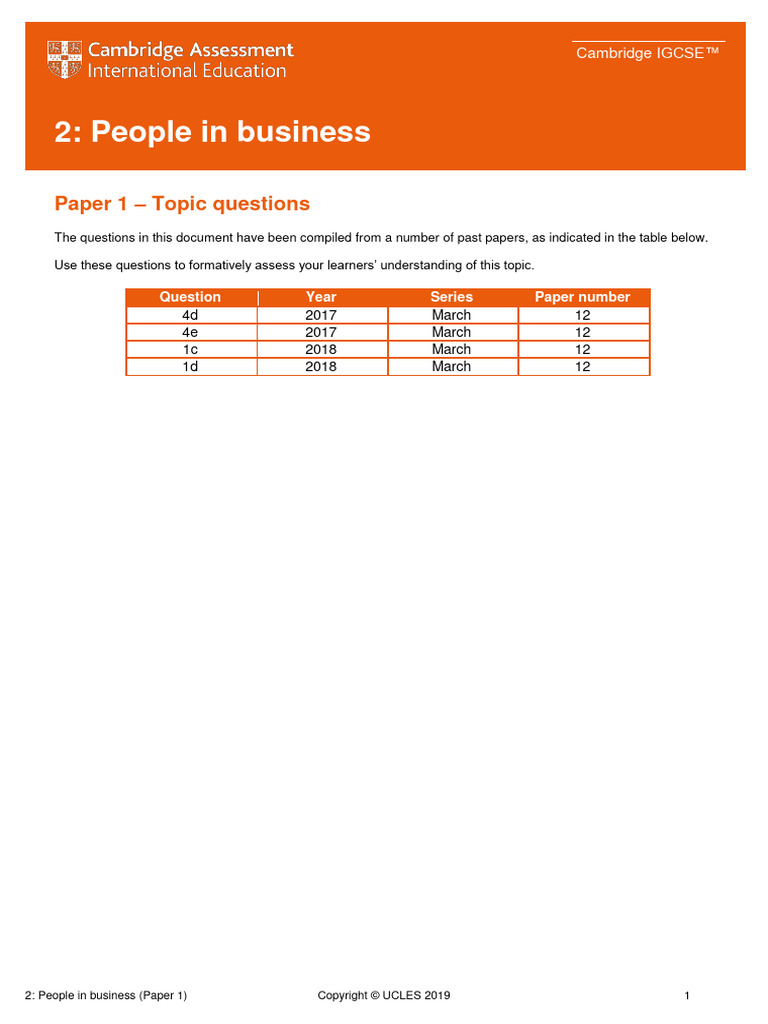 2 People in Business Paper 1 Topic Questions PDF