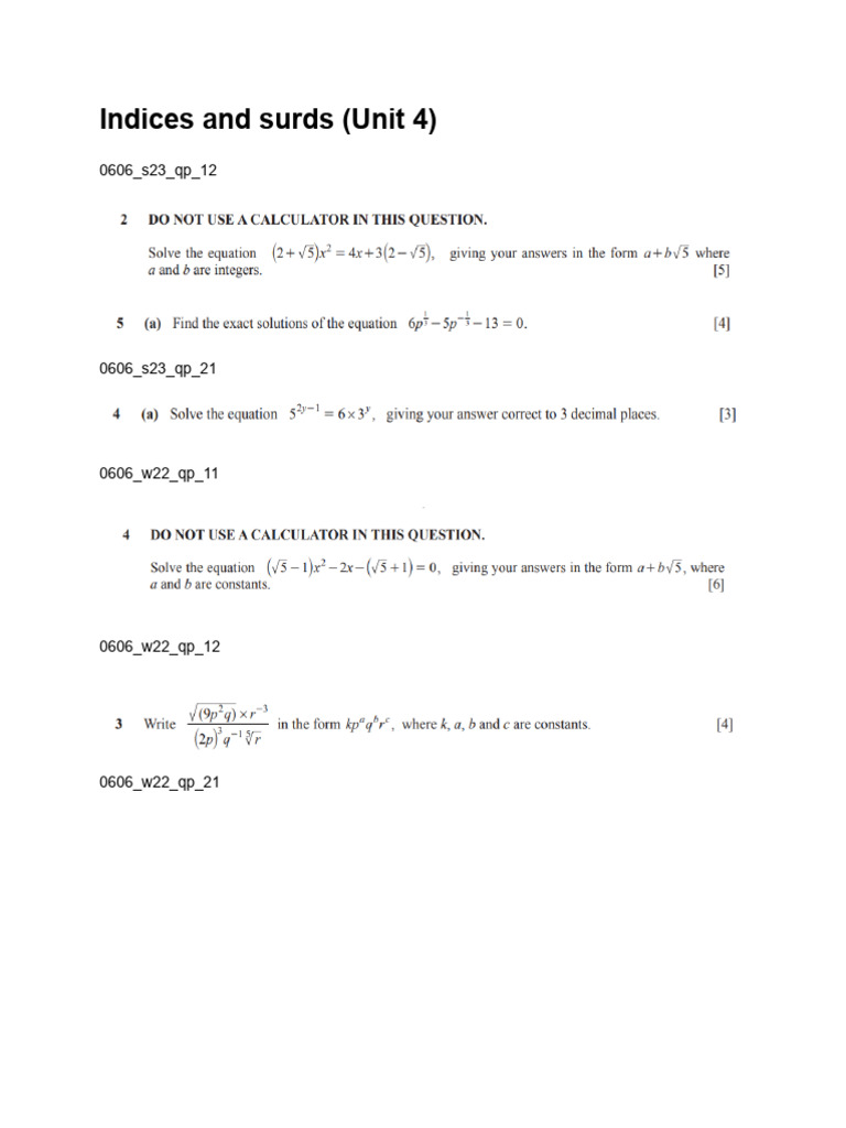 Unit 4 indices and surds worksheet igcse additional mathematics pdf
