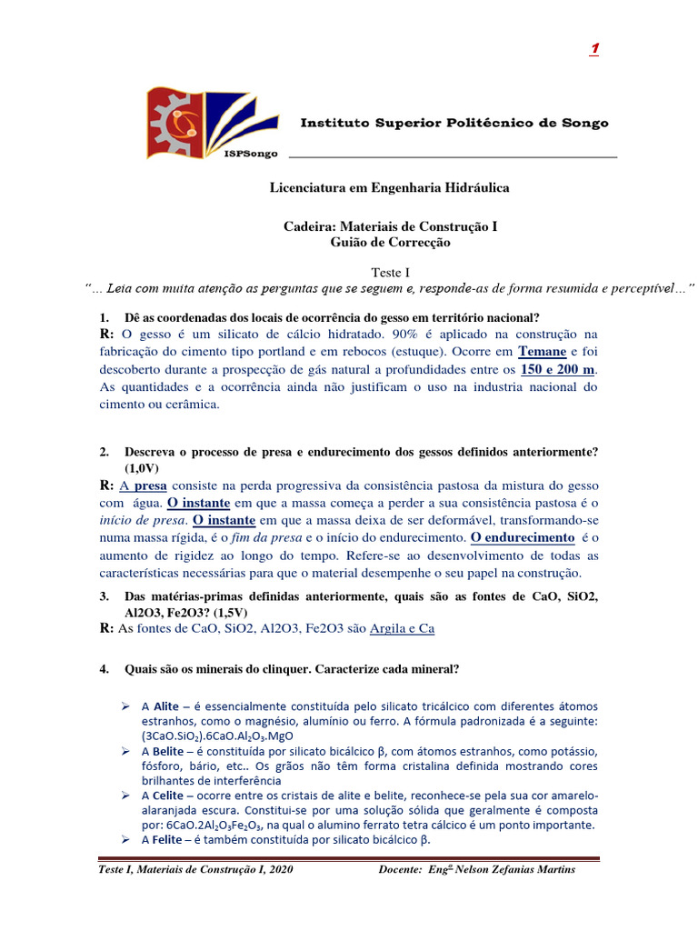 TESTE I Guia de Correcao PDF
