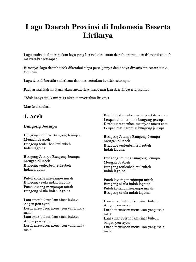 Lagu Daerah Provinsi Di Indonesia Beserta Liriknya | PDF