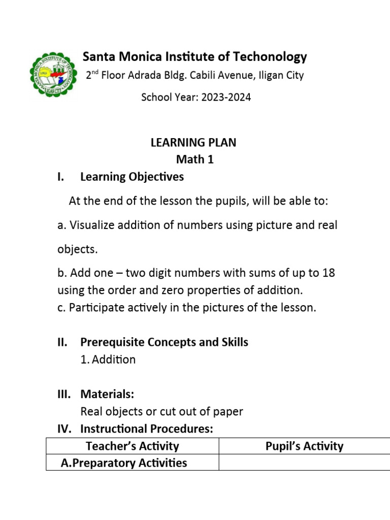 Math 1 Addition Learning Plan | PDF | Cognition | Behavior Modification
