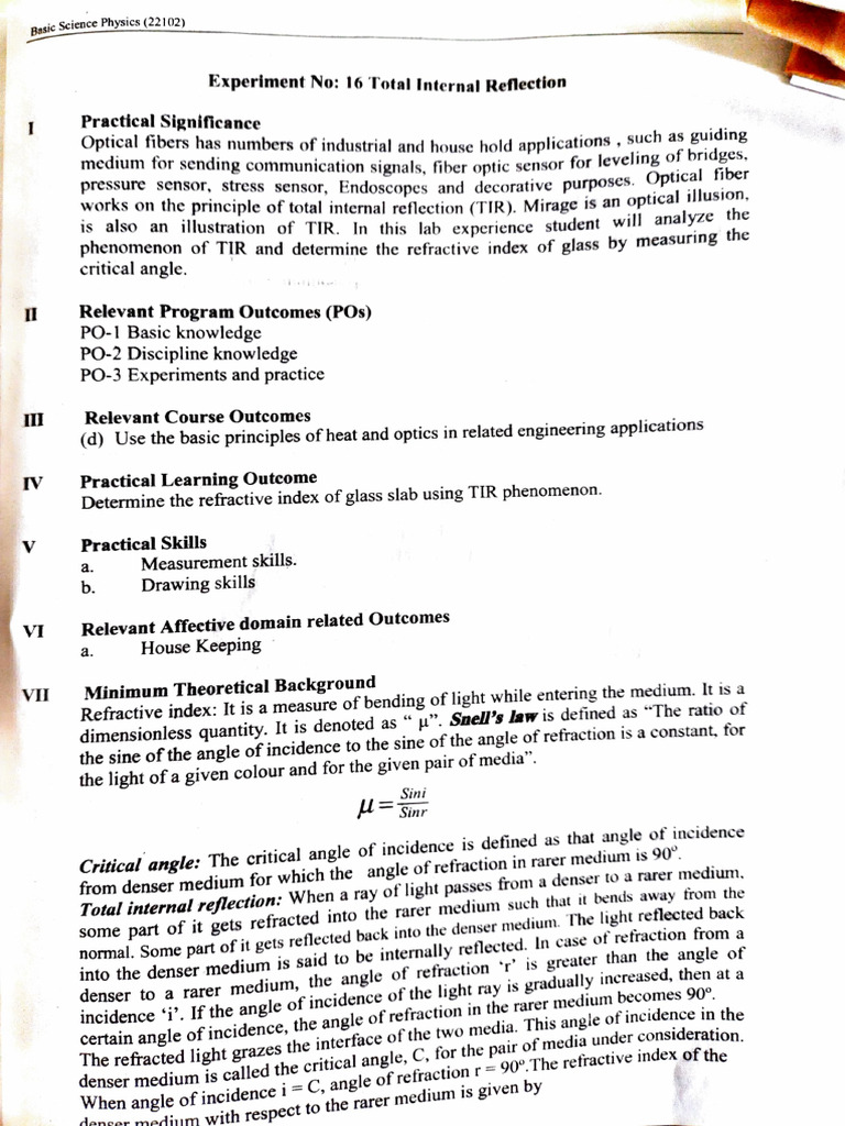 Ex - No.16 Total Internal Reflection | PDF