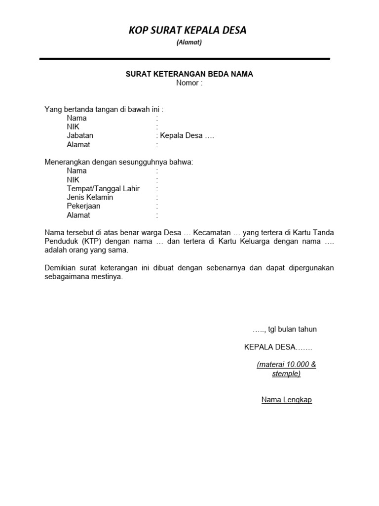 Surat keterangan beda nama ktp kk pdf