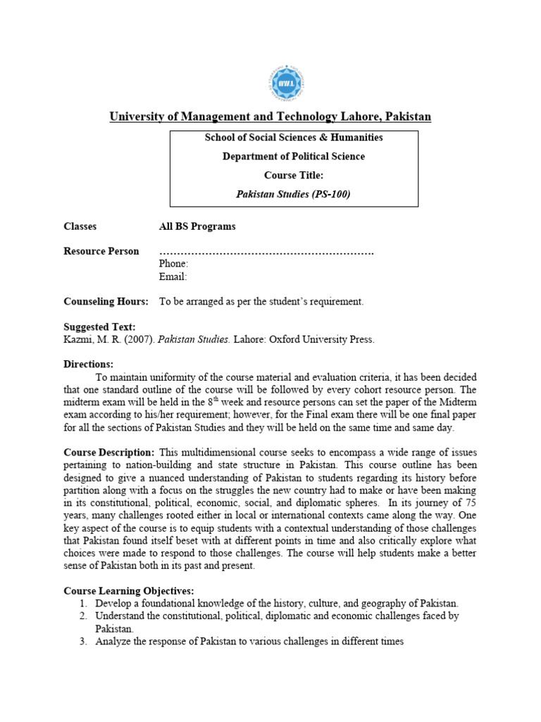 Pakistan Studies Course Outline | PDF | Critical Thinking | Pakistan