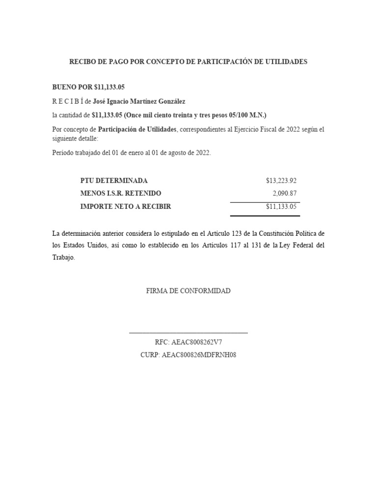 Recibo de Pago Por Concepto de Participación de Utilidades | PDF