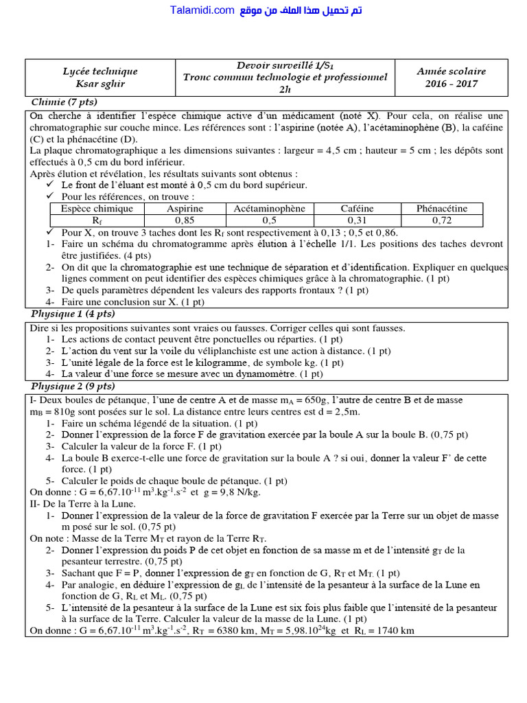 Devoir 1 Modele 2 Physique Chimie TC Semestre 1 1 | PDF