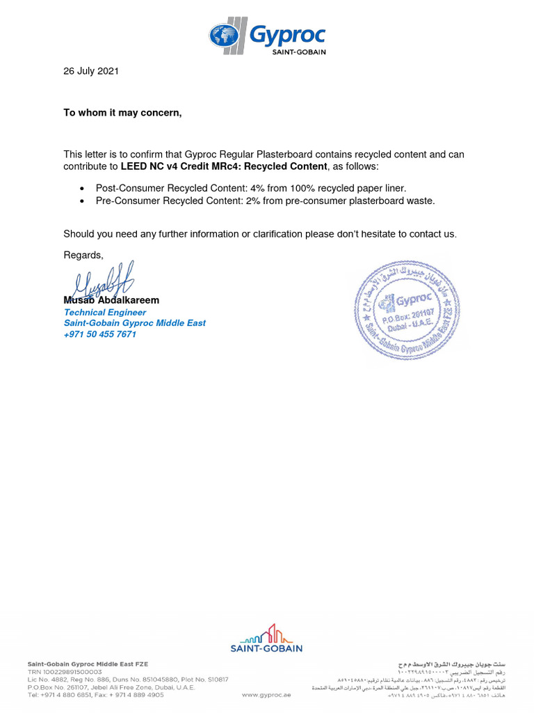 Gyproc Regular Plasterboard LEED NC v4 Credit MRc4 Recycled Content ...