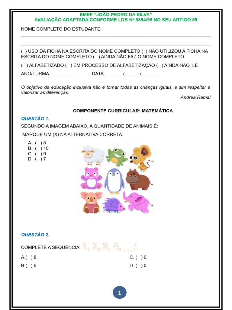 Prova Adaptada de Matemática para Inclusão | PDF