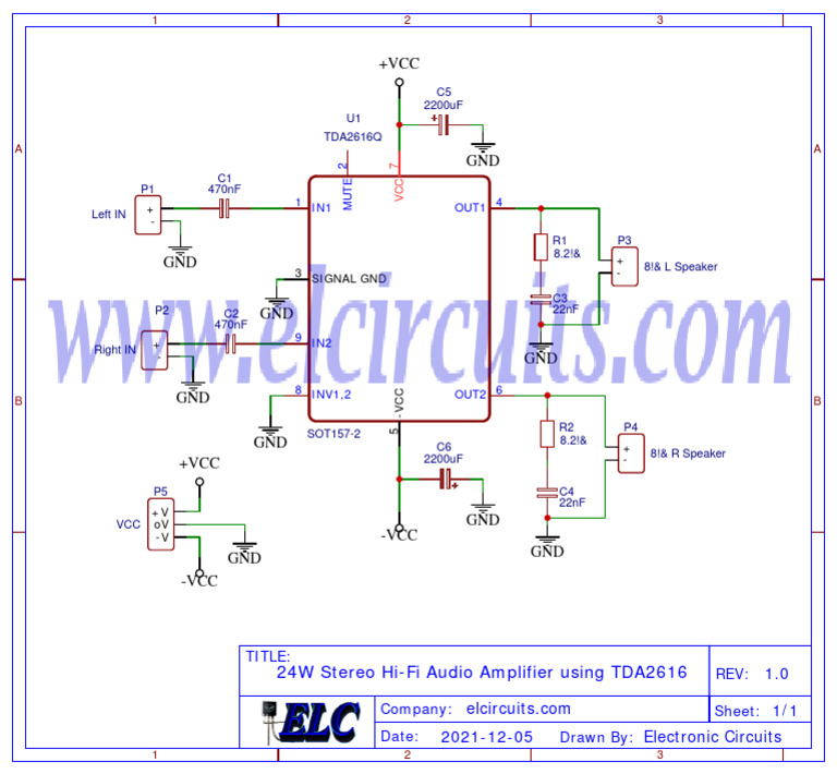 Schematic - 24W Stereo Hi-Fi Audio Amplifier Using TDA2616 + PCB - 2021