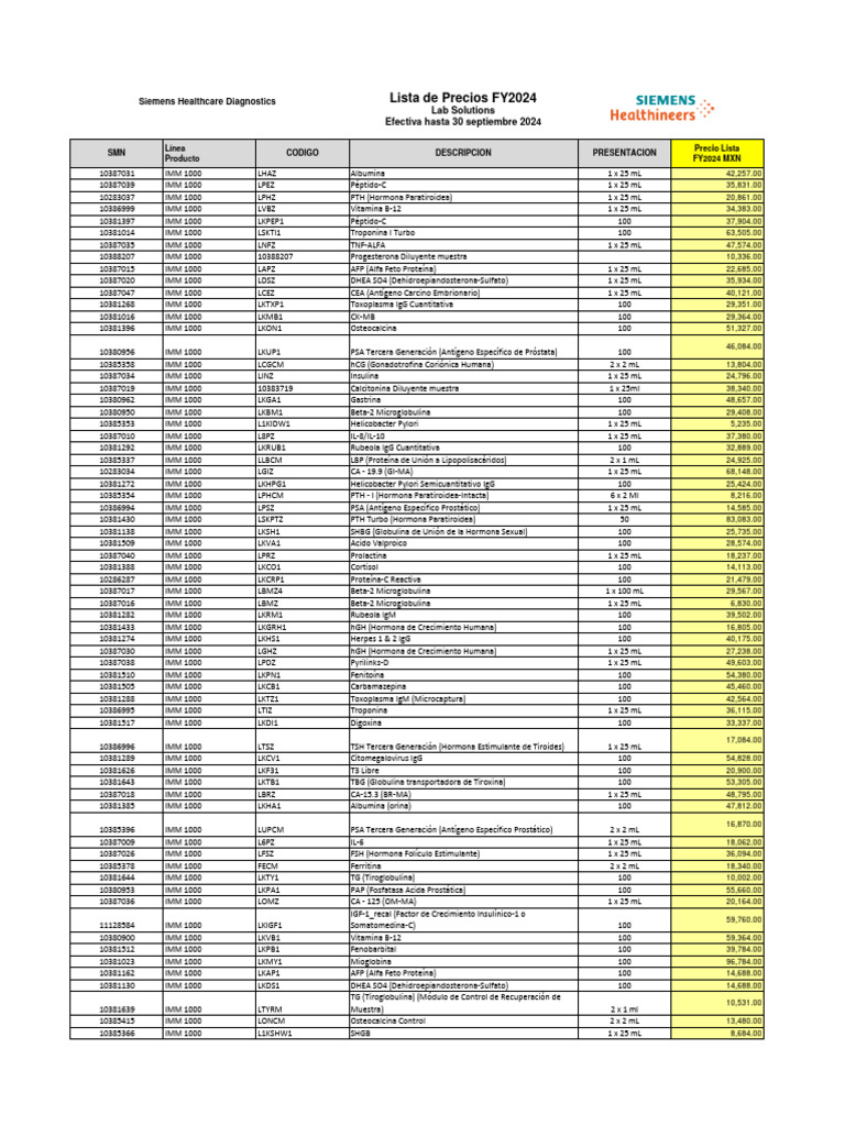 Siemens Healthcare Lab Solutions Lista de Precios FY2024 IMM 1000 PDF