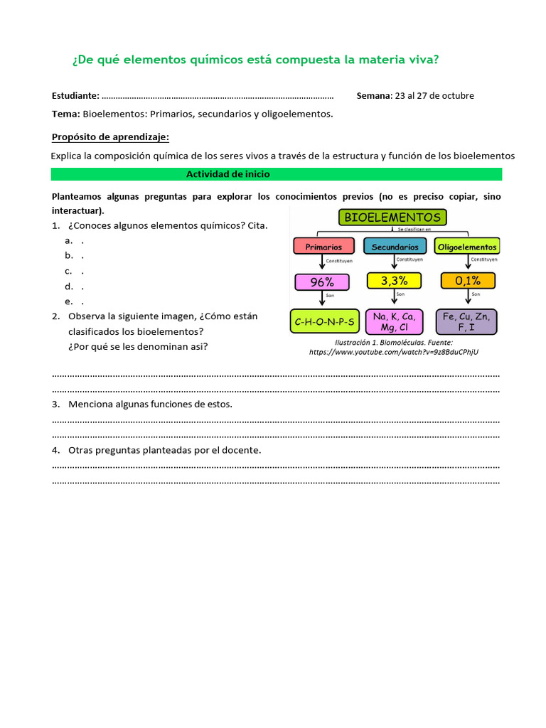 Ficha de Trabajo Bioelementos | PDF | Biomoléculas | Enlace covalente