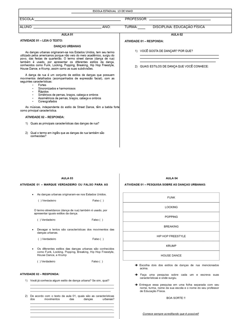 Danças Urbanas Atividade Pdf