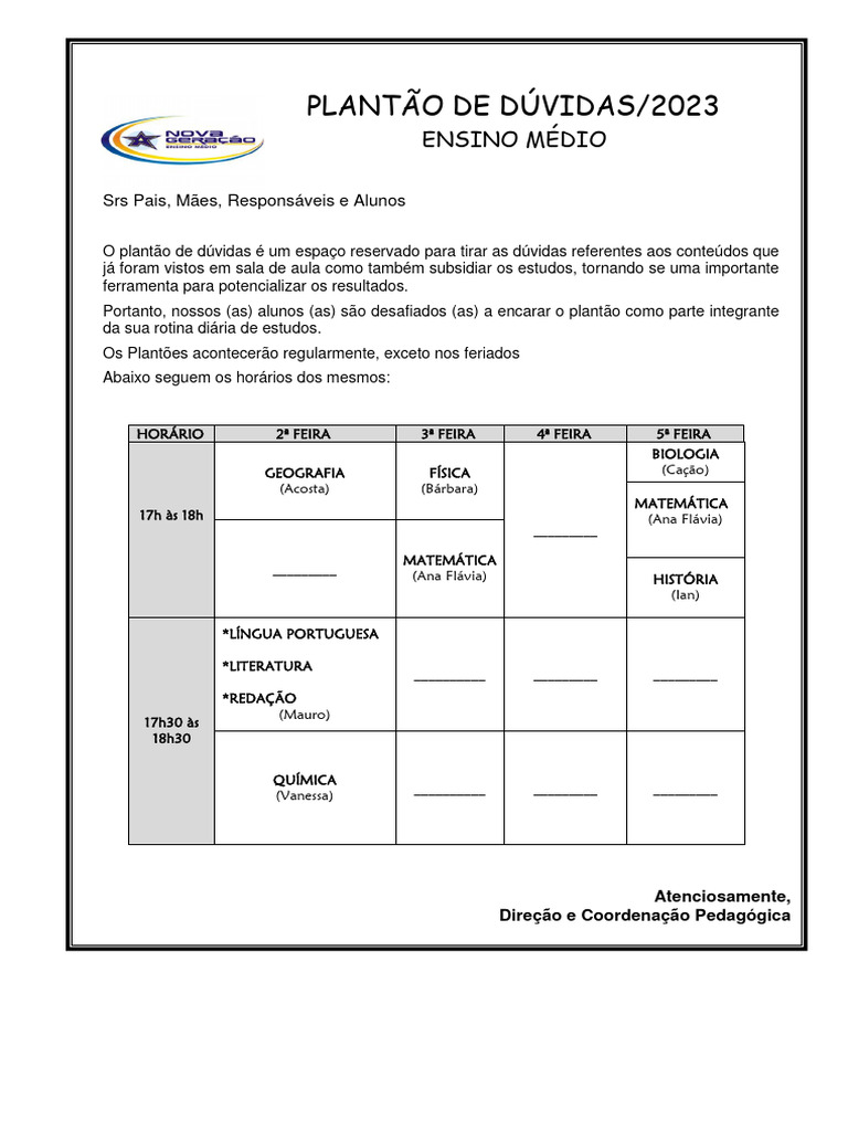 Plantão de Dúvidas - Ensino Médio 2023 | PDF