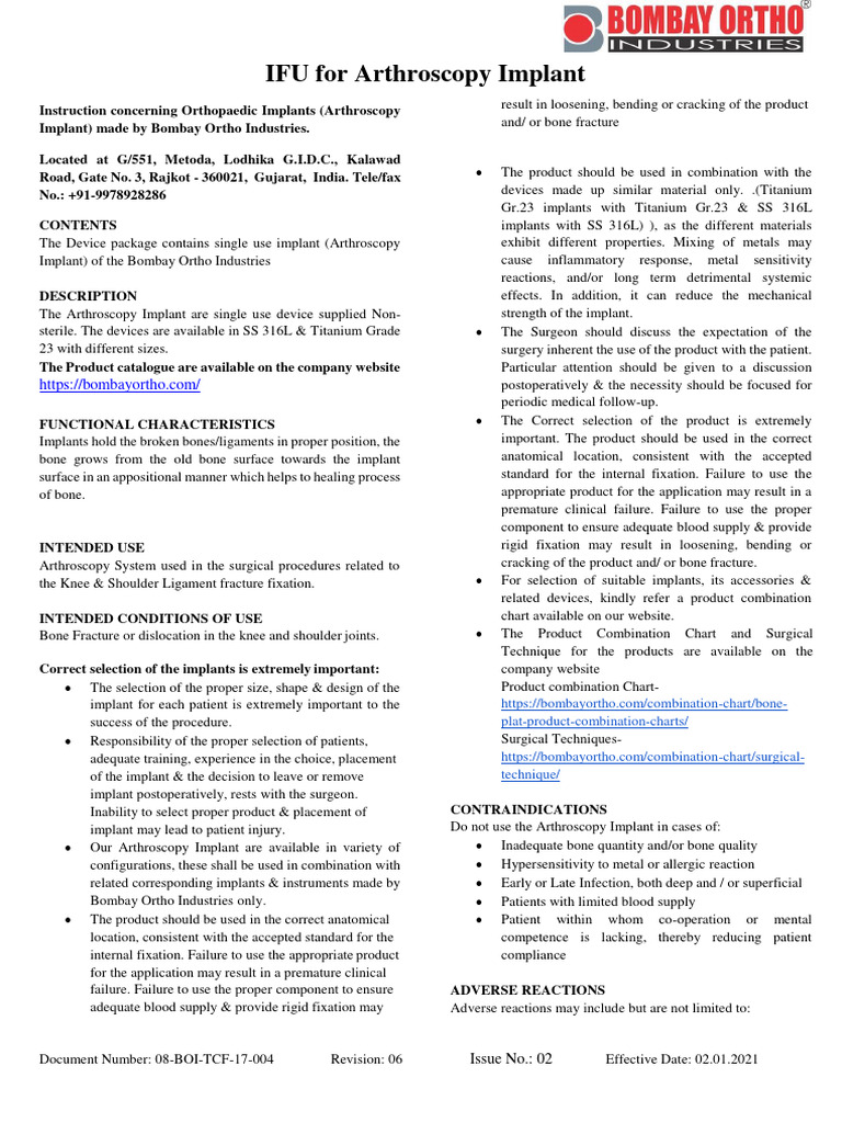 Arthroscopy Implant IFU Guide | PDF | Implant (Medicine) | Surgery