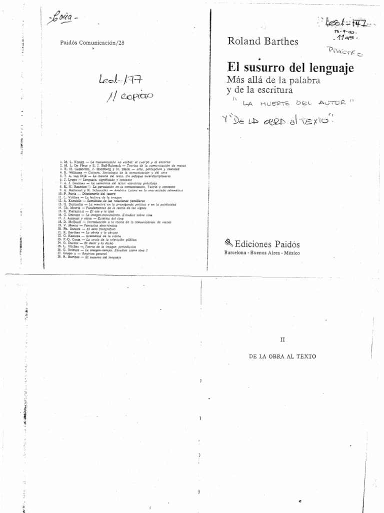 Roland - Barthes - La Muerte Del Autor y de La Obra Al Texto | PDF